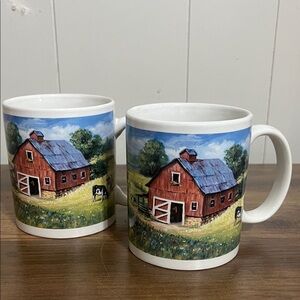 Farm Scene Ceramic Mug Set Barn Tractor Cows Birdhouse Set of 2